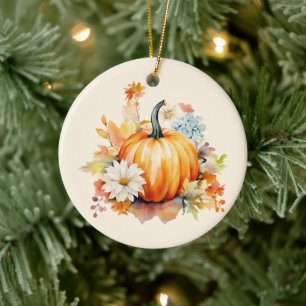 Orange Pumpkin and Flowers Autumn Ceramic Ornament