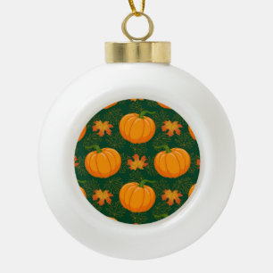 Orange Pumpkin Autumn Leaves Pattern Ceramic Ball Christmas Ornament