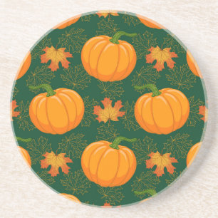 Orange Pumpkin Autumn Leaves Pattern Coaster