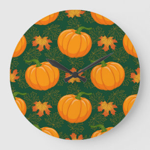 Orange Pumpkin Autumn Leaves Pattern Large Clock