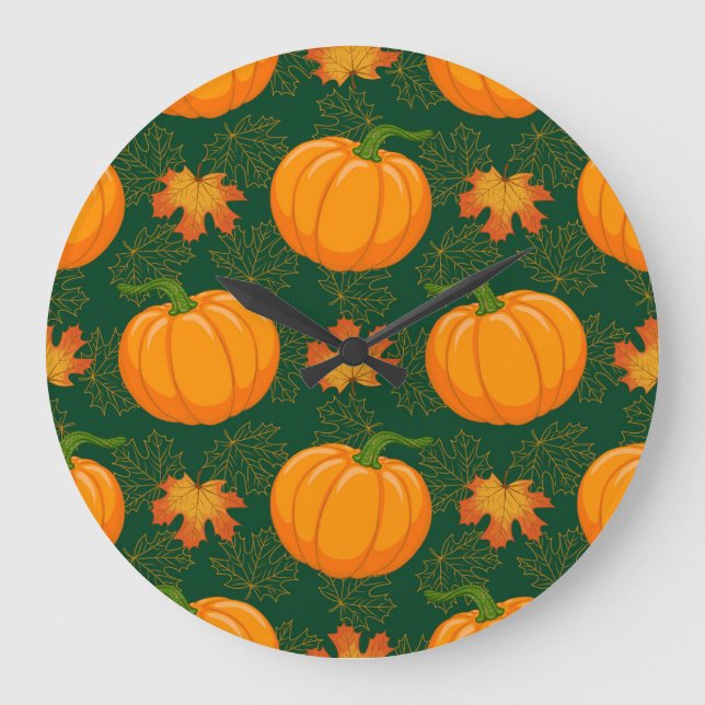 Orange Pumpkin Autumn Leaves Pattern Large Clock (Front)