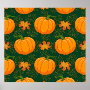 Orange Pumpkin Autumn Leaves Pattern Poster