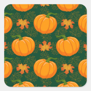 Orange Pumpkin Autumn Leaves Pattern Square Sticker