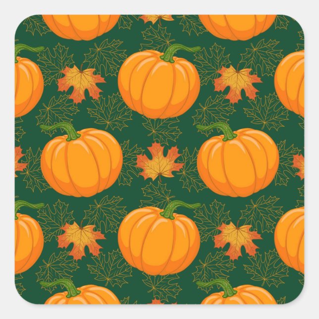 Orange Pumpkin Autumn Leaves Pattern Square Sticker (Front)