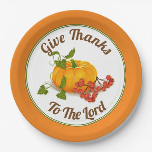 Orange pumpkin, berries, leaves fall Thanksgiving Paper Plate