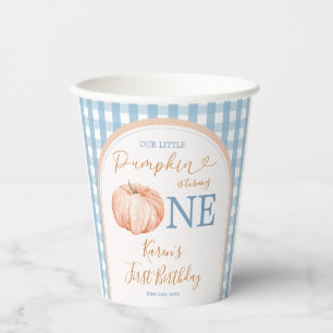 Orange Pumpkin Boho Blue Gingham 1st Birthday Paper Cups