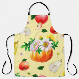 Orange pumpkin, chrysanthemum, pears, red apples o apron
