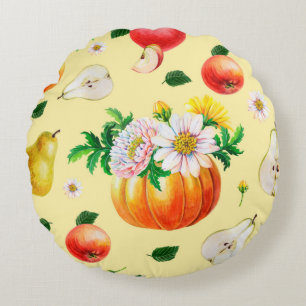 Orange pumpkin, chrysanthemum, pears, red apples o round cushion