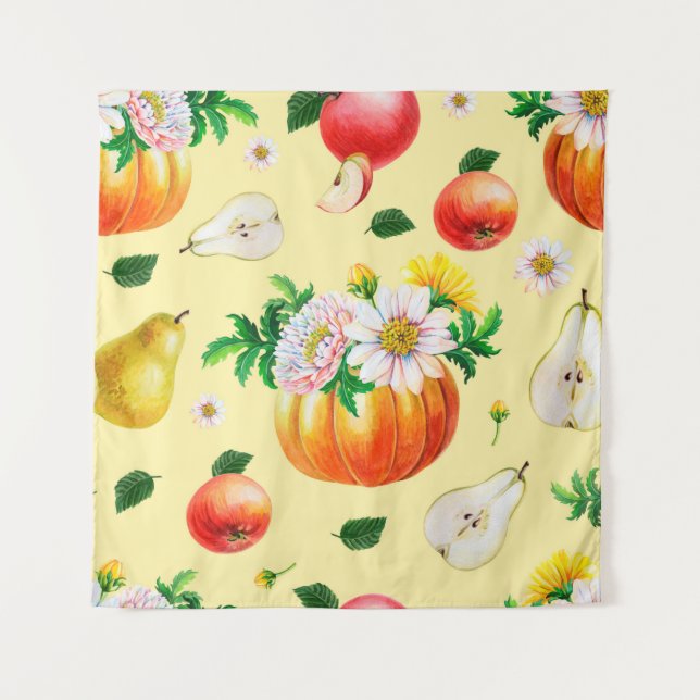 Orange pumpkin, chrysanthemum, pears, red apples o tapestry (Front)