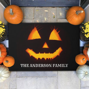 Orange Pumpkin Face Custom Family Name Doormat