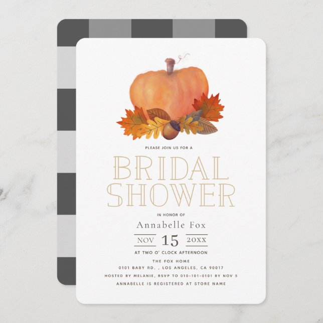 Orange Pumpkin Fall Leaves Bridal Shower Invitation (Front/Back)