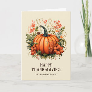Orange Pumpkin Floral Photo Happy Thanksgiving Card