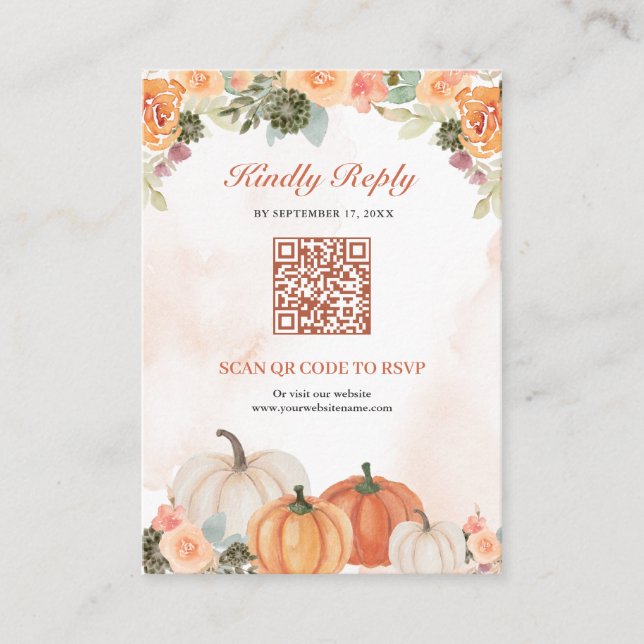 Orange Pumpkin Floral QR Code Wedding RSVP Enclosure Card (Front)