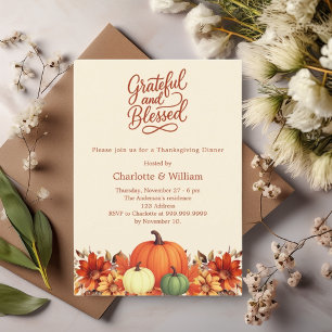 Orange pumpkin flowers Thanksgiving Dinner Invitation