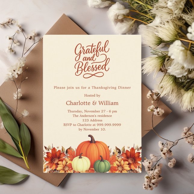 Orange pumpkin flowers Thanksgiving Dinner Invitation (Creator Uploaded)