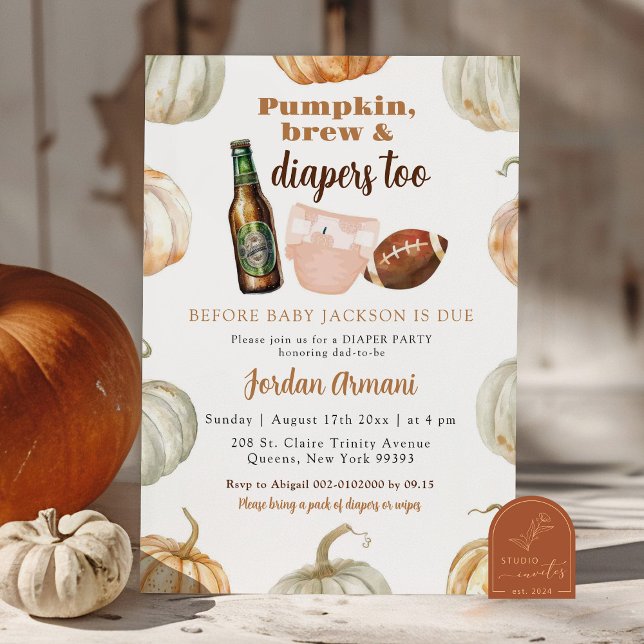 Orange Pumpkin Gender Neutral Brew and Diapers Invitation (Creator Uploaded)