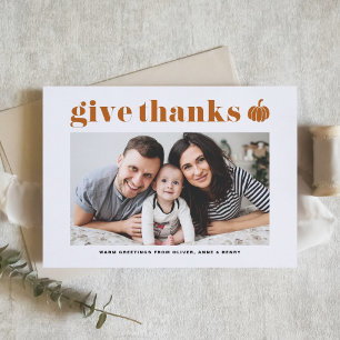 Orange Pumpkin Give Thanks Typography Thanksgiving Holiday Card