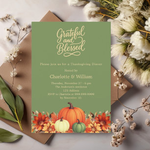 Orange pumpkin green flowers Thanksgiving Dinner Invitation