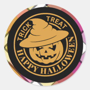 Orange Pumpkin Happy Halloween Colourful Plaid Classic Round Sticker