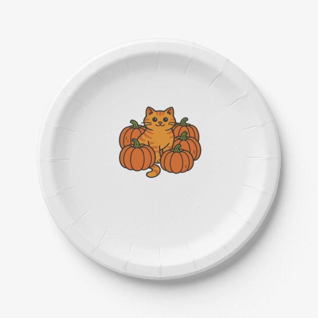 Orange Pumpkin Kitty Cat Magic Oversized T-Shirt Paper Plate (Front)