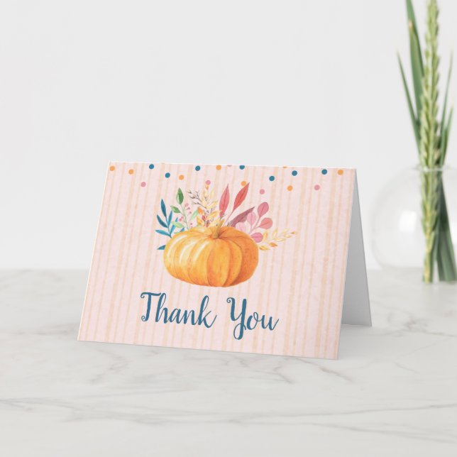 Orange Pumpkin on Pink and Gold Stripes Thank You Card (Front)