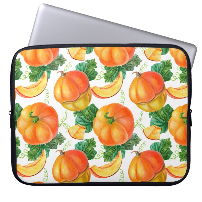 Orange pumpkin on white background. Seamless patte Laptop Sleeve (Front)