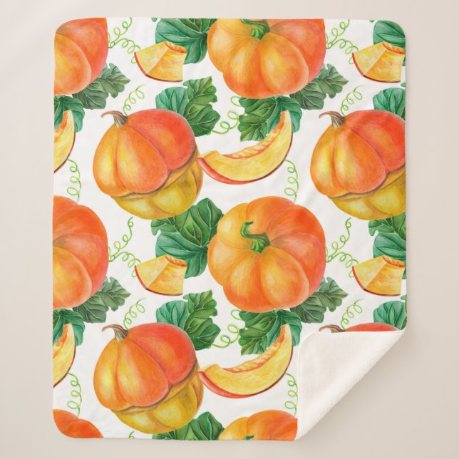 Orange pumpkin on white background. Seamless patte Sherpa Blanket (Front)