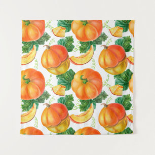 Orange pumpkin on white background. Seamless patte Tapestry