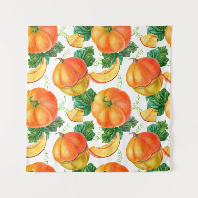 Orange pumpkin on white background. Seamless patte Tapestry (Front)