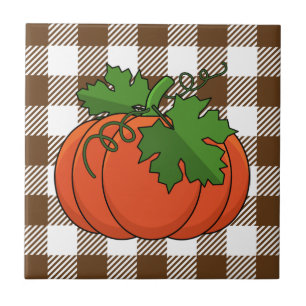 Orange Pumpkin on White Brown Checkered Pattern Ceramic Tile