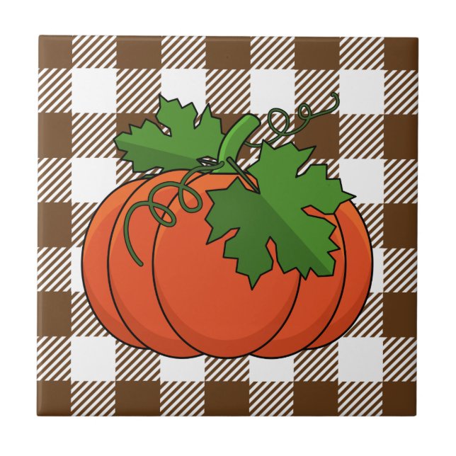 Orange Pumpkin on White Brown Checkered Pattern Ceramic Tile (Front)