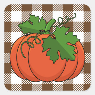 Orange Pumpkin on White Brown Checkered Pattern Square Sticker