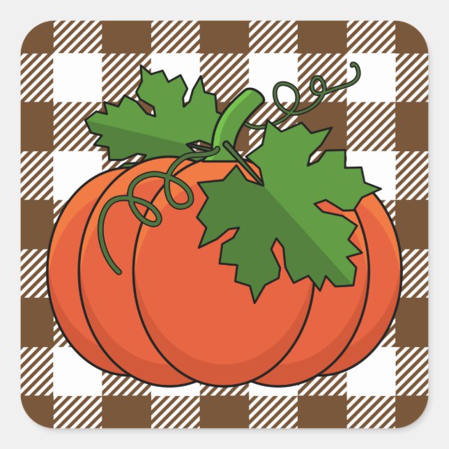 Orange Pumpkin on White Brown Checkered Pattern Square Sticker (Front)