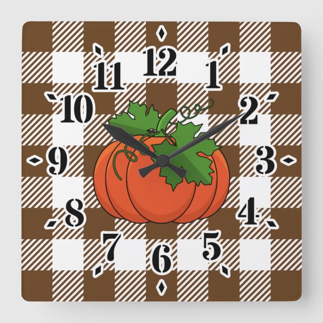 Orange Pumpkin on White Brown Checkered Pattern Square Wall Clock (Front)