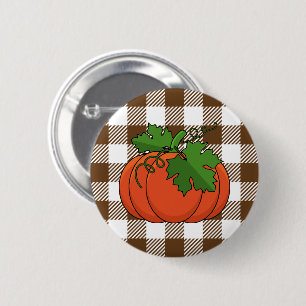 Orange Pumpkin on White Brown Chequered Pattern 6 Cm Round Badge