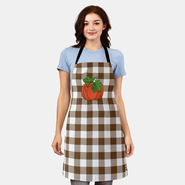 Orange Pumpkin on White Brown Chequered Pattern Apron (Worn)