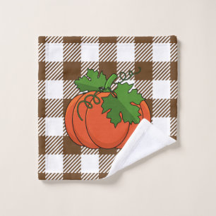 Orange Pumpkin on White Brown Chequered Pattern Bath Towel Set