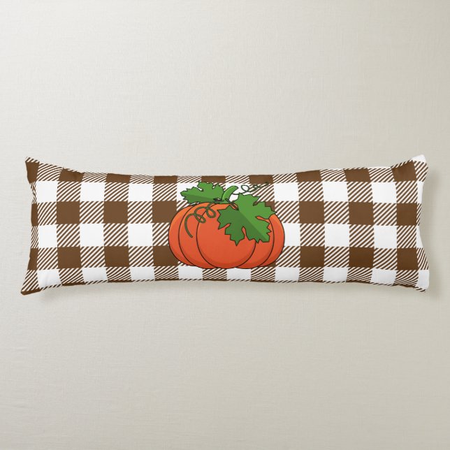 Orange Pumpkin on White Brown Chequered Pattern Body Cushion (Front)