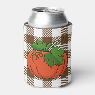 Orange Pumpkin on White Brown Chequered Pattern Can Cooler
