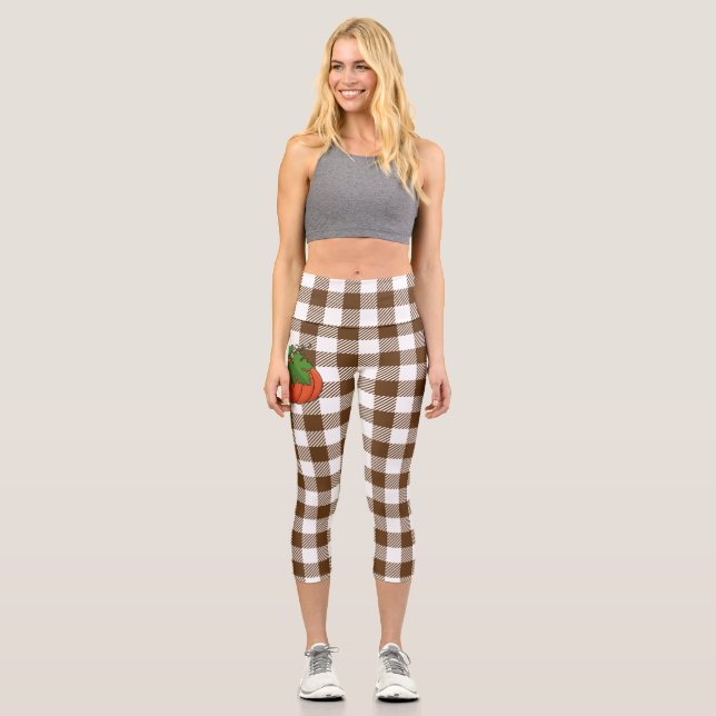 Orange Pumpkin on White Brown Chequered Pattern Capri Leggings (Front)