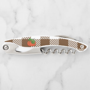 Orange Pumpkin on White Brown Chequered Pattern Corkscrew