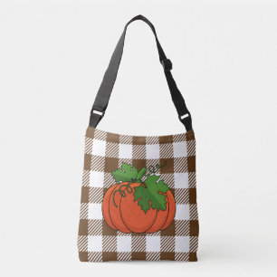 Orange Pumpkin on White Brown Chequered Pattern Crossbody Bag