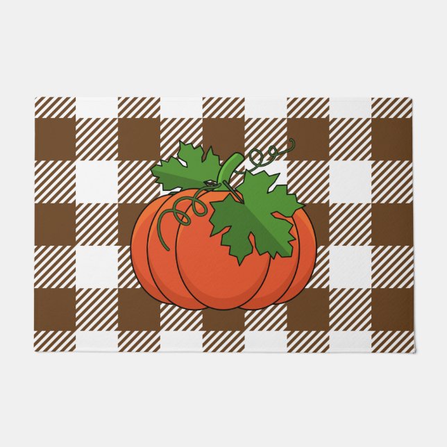 Orange Pumpkin on White Brown Chequered Pattern Doormat (Front)
