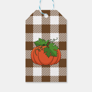 Orange Pumpkin on White Brown Chequered Pattern Gift Tags