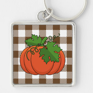 Orange Pumpkin on White Brown Chequered Pattern Key Ring