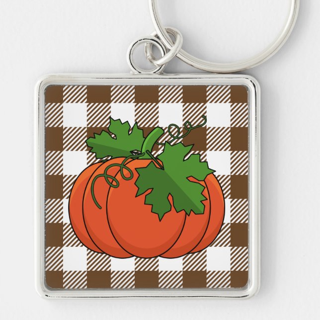 Orange Pumpkin on White Brown Chequered Pattern Key Ring (Front)