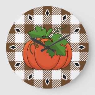 Orange Pumpkin on White Brown Chequered Pattern Large Clock
