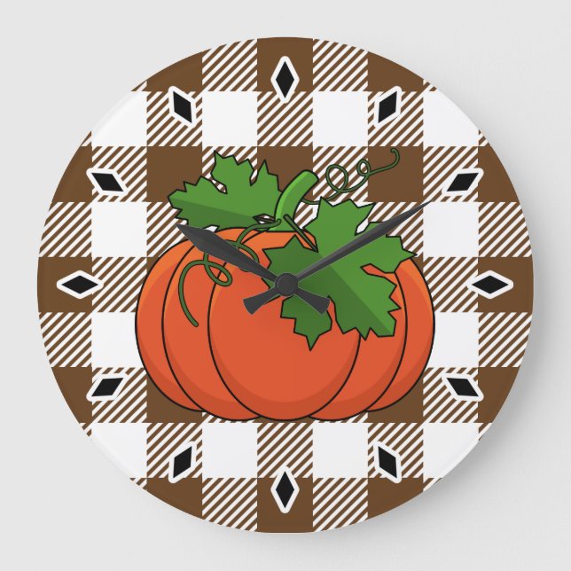Orange Pumpkin on White Brown Chequered Pattern Large Clock (Front)