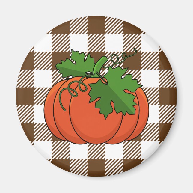Orange Pumpkin on White Brown Chequered Pattern Magnet (Front)