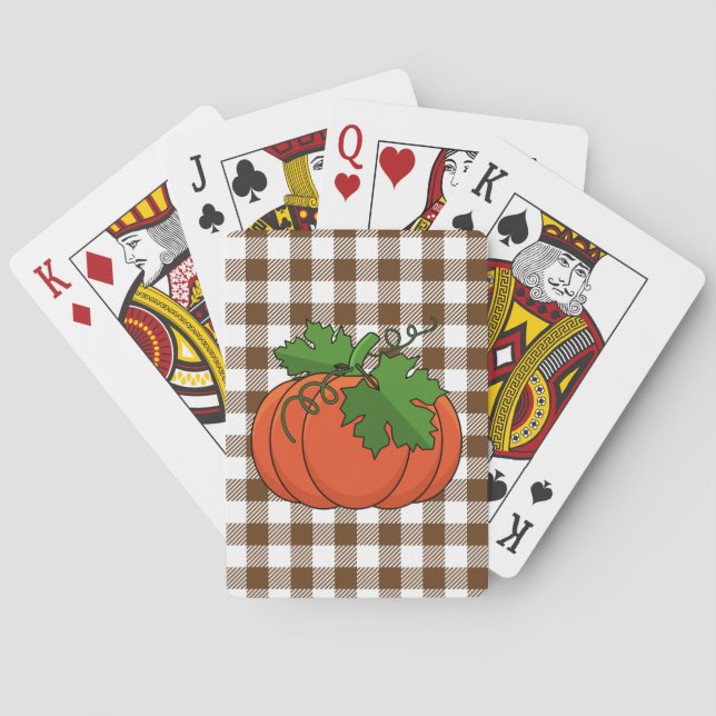 Orange Pumpkin on White Brown Chequered Pattern Playing Cards (Back)
